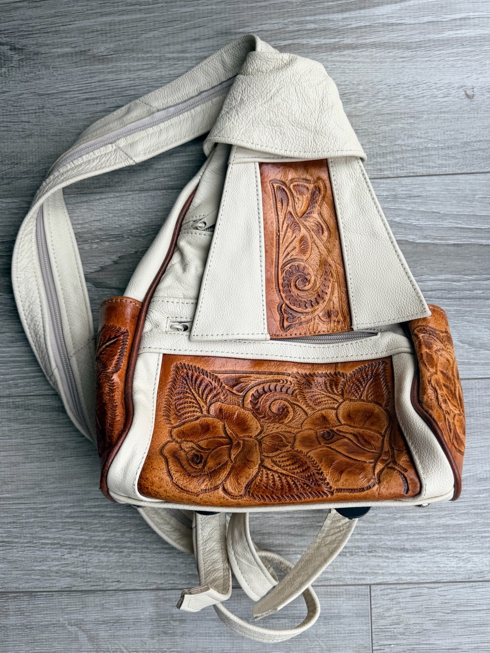 Source Unknown Cream and Brown Hand-Tooled Leather Backpack